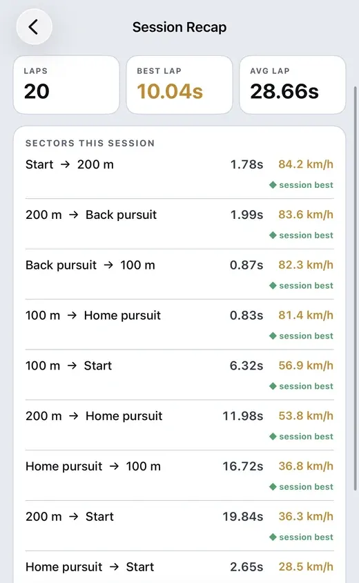 A session recap on a phone: 20 laps, best lap 10.04 seconds, average 28.66 seconds, and speeds for each sector of the track.